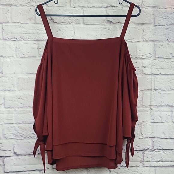 Cato 18/20 Burgundy Chiffon Blouse Off Shoulder Bow Tie Sleeve Women's Plus Top - Picture 8 of 10